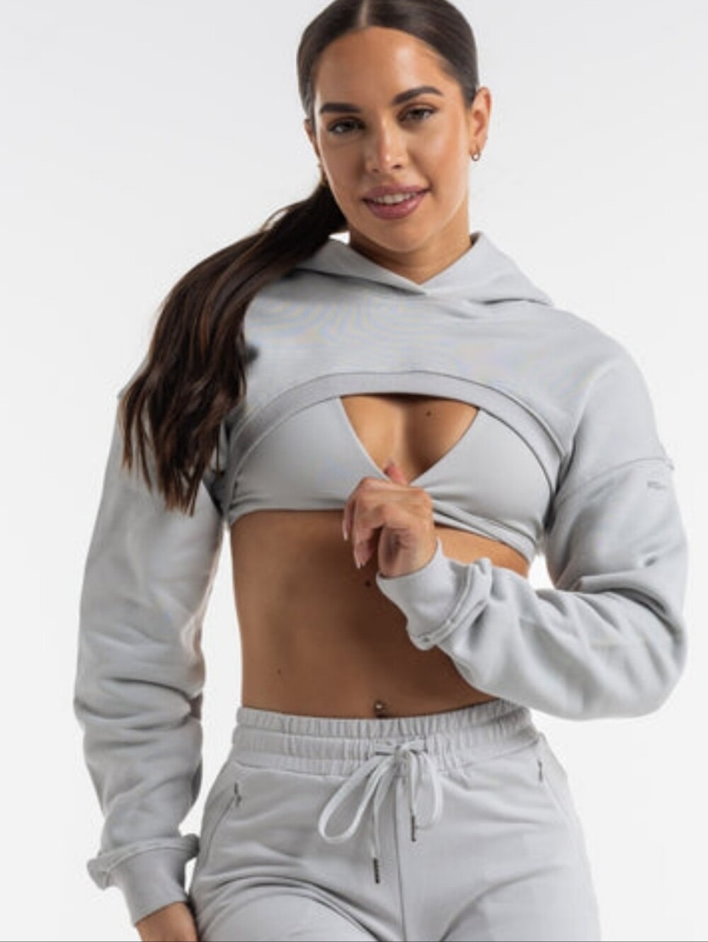 Khy Fleece Super Cropped Pullover Hoodie Sweatshirt Heather Grey Womens Size L